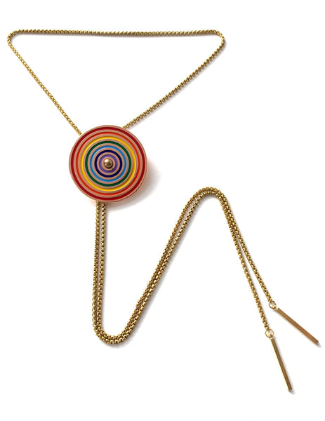 Rainbow pendant bolo tie on a white background
