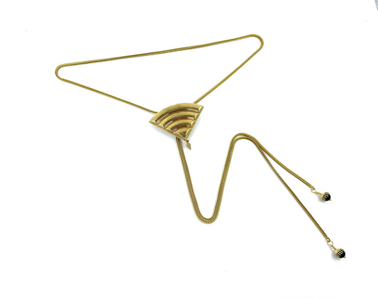 Gold bolo tie with fan pendant, foxtail snake chain and black onyx bolo tips