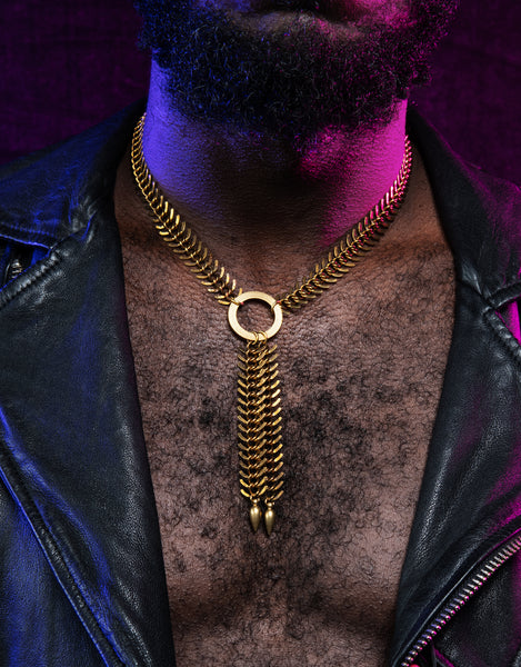Close up of model wearing fishbone choker