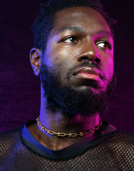 Model wearing hardware chain choker