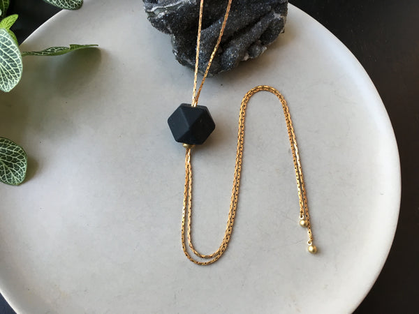 HEX Black Silicone Bead Bolo Tie Necklace with Brass Snake Chain