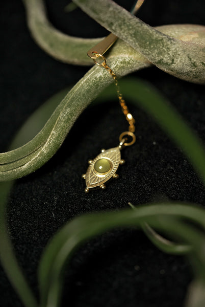 Green resin eye charm draped on an air plant on a black background
