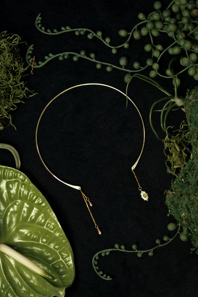 Gold choker collar with hanging eye charm and brass drops, on a black background surrounded by green plants