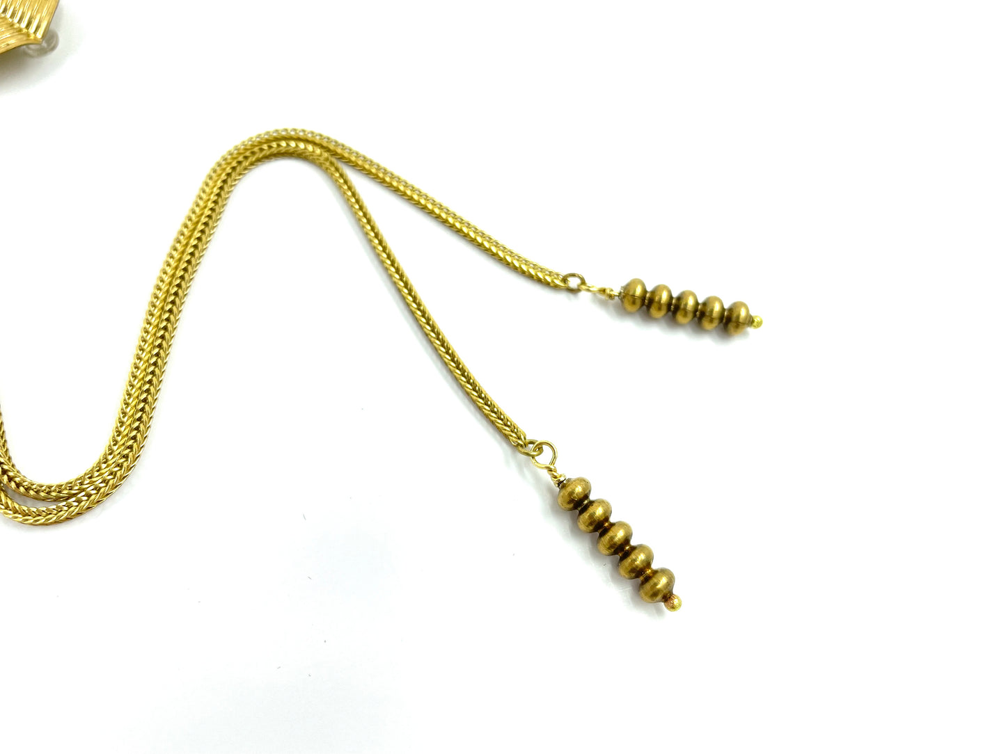 Close-up of snake chain and bolo tie tips of bolo tie on a white background