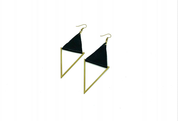 Upcycled black leather earrings on a white background