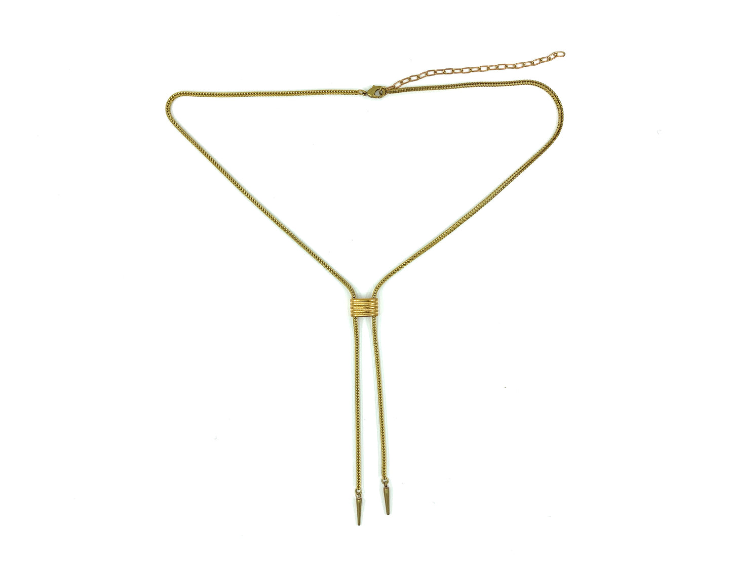 Gold choker necklace with foxtail snake chain, ribbed cinch slide bead and spike tips on a white background