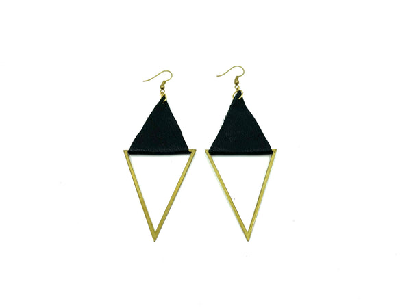 Front view of recycled leather earrings on a white background