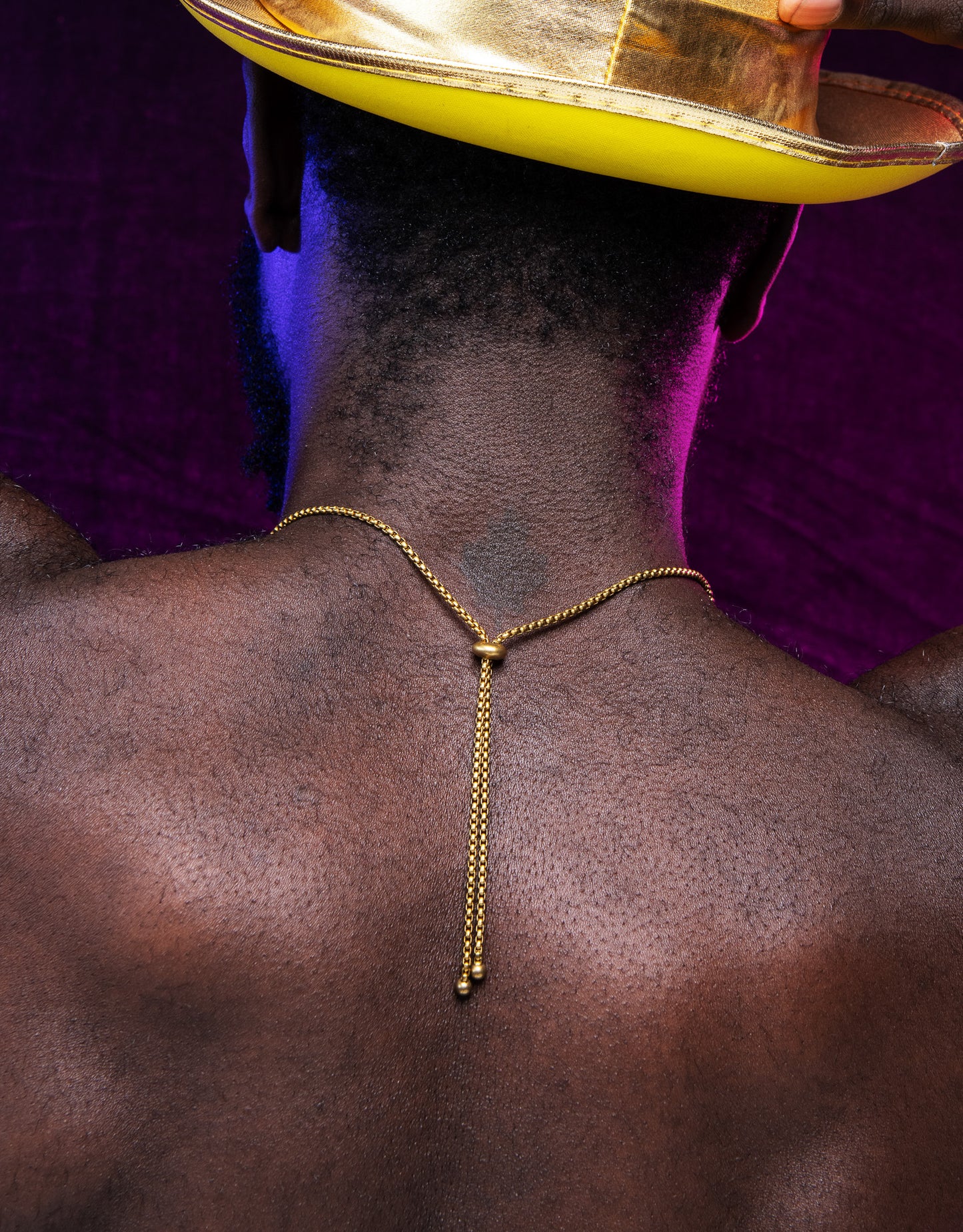 Back of model wearing slide bead choker