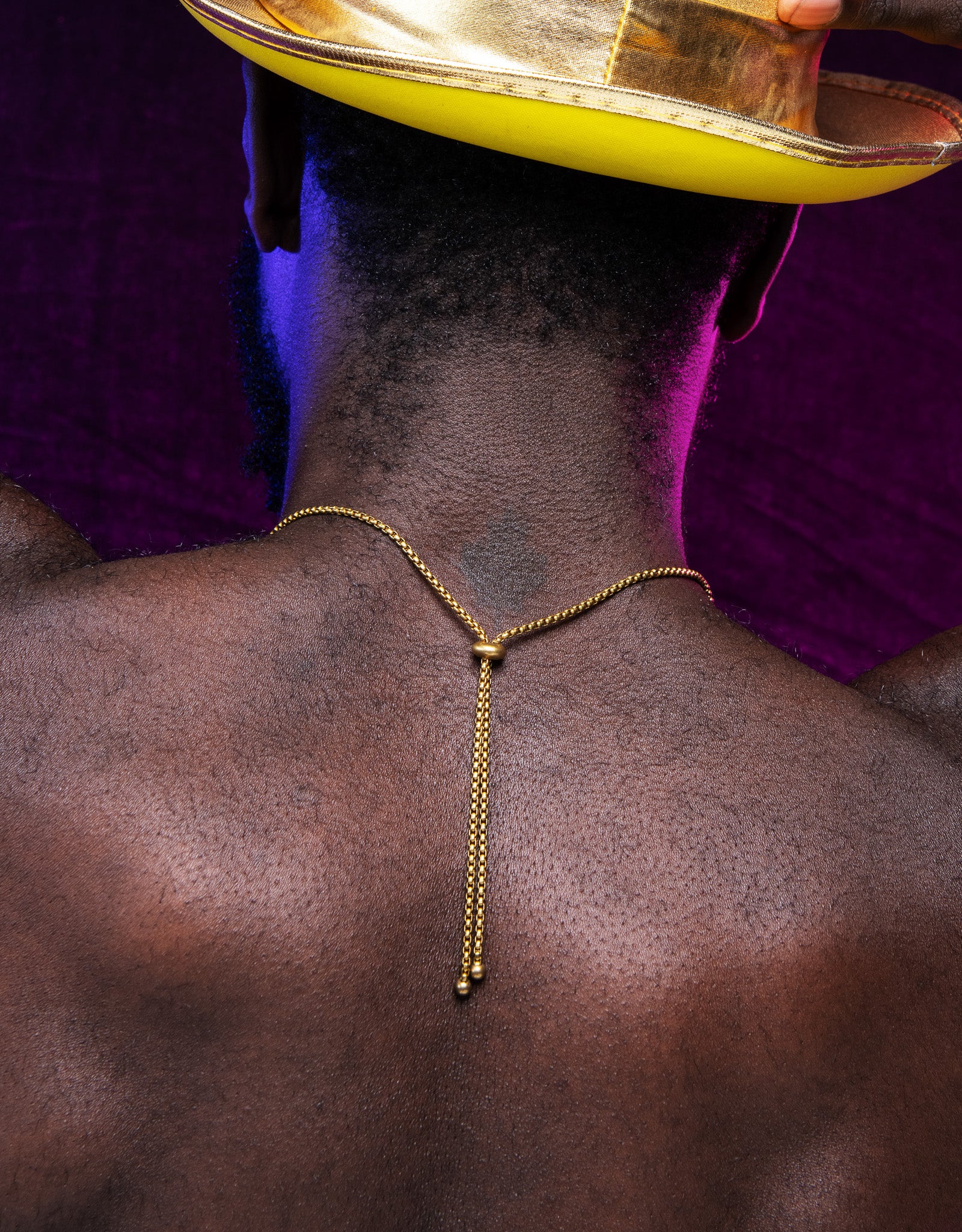 Back of model wearing slide bead choker