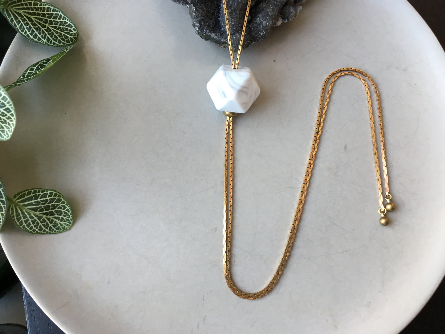 HEX Black and White Silicone Bead Bolo Tie Necklace with Brass Snake Chain