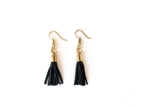 Recycled black leather tassel earrings