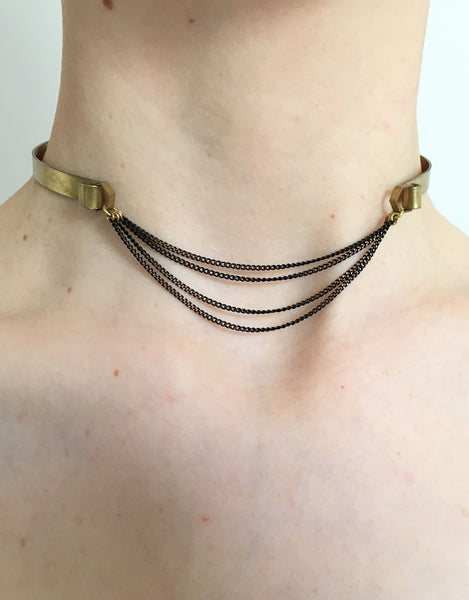 Gold choker necklace with hanging chain